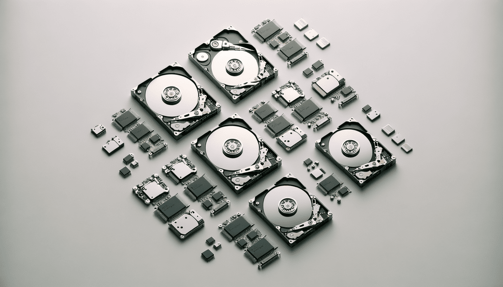 Hard drives and computer components arranged on a light surface